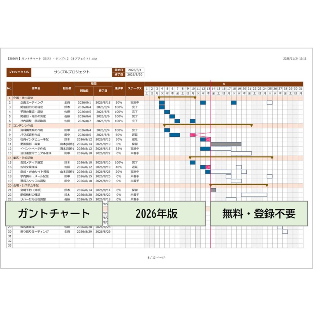 【無料ダウンロード】日単位ガントチャートExcelテンプレート|2026年祝日対応・入力補助・進捗管理付き