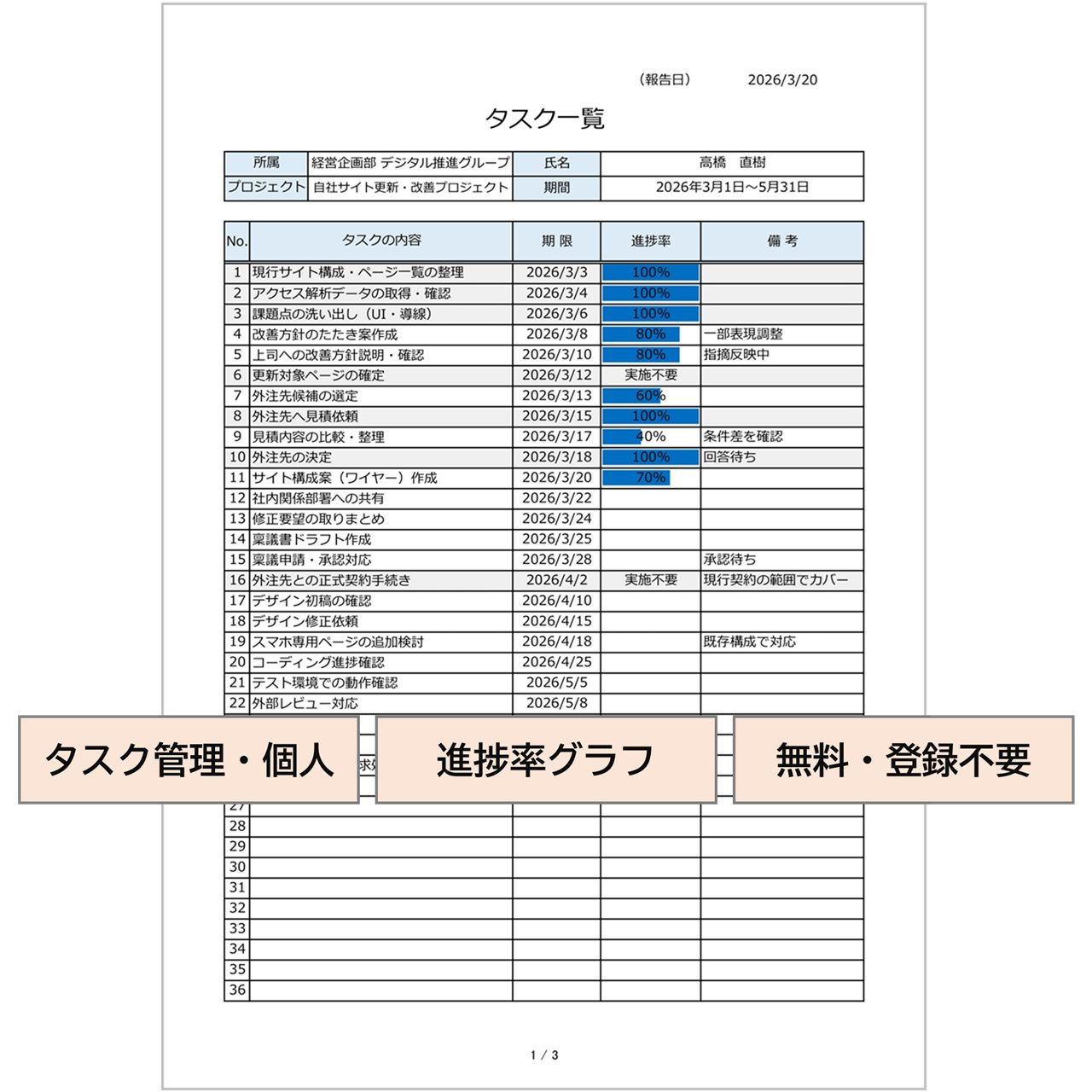 【すぐに使える】タスク一覧・無料Excelテンプレート｜個人向け・完了表示・進捗グラフ付き（2026年対応）