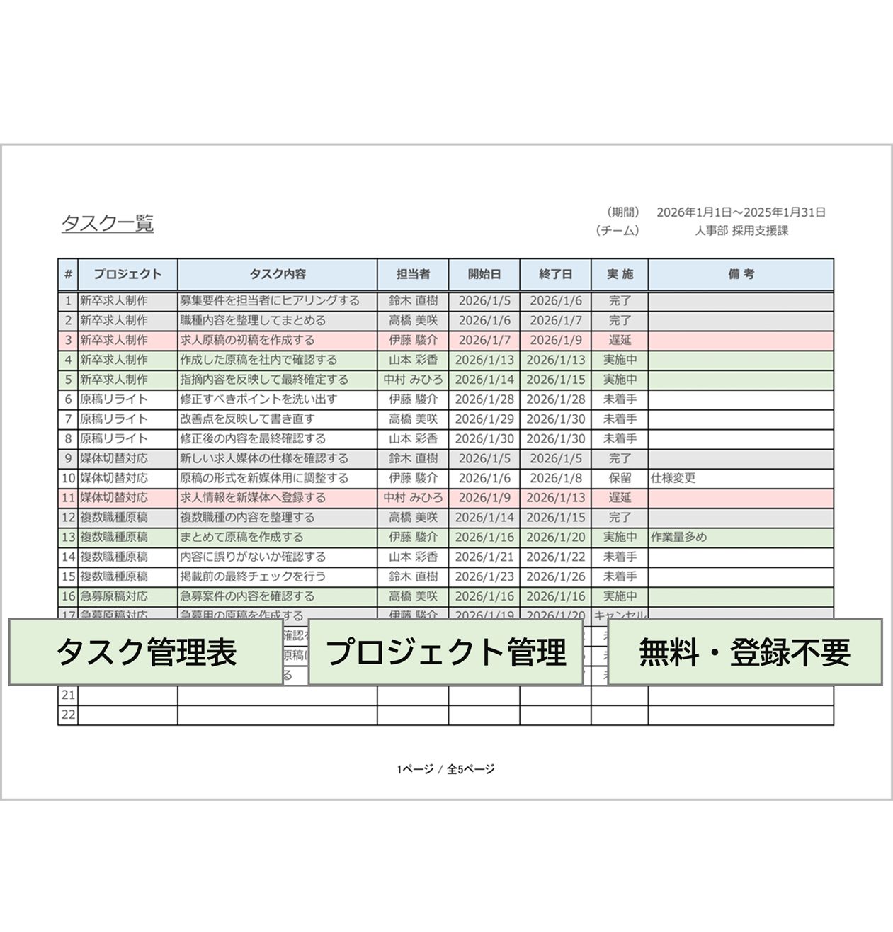 【無料Excel・2026版】タスク管理表テンプレート｜小規模チーム対応・複数プロジェクト管理・入力補助＆自動集計付き