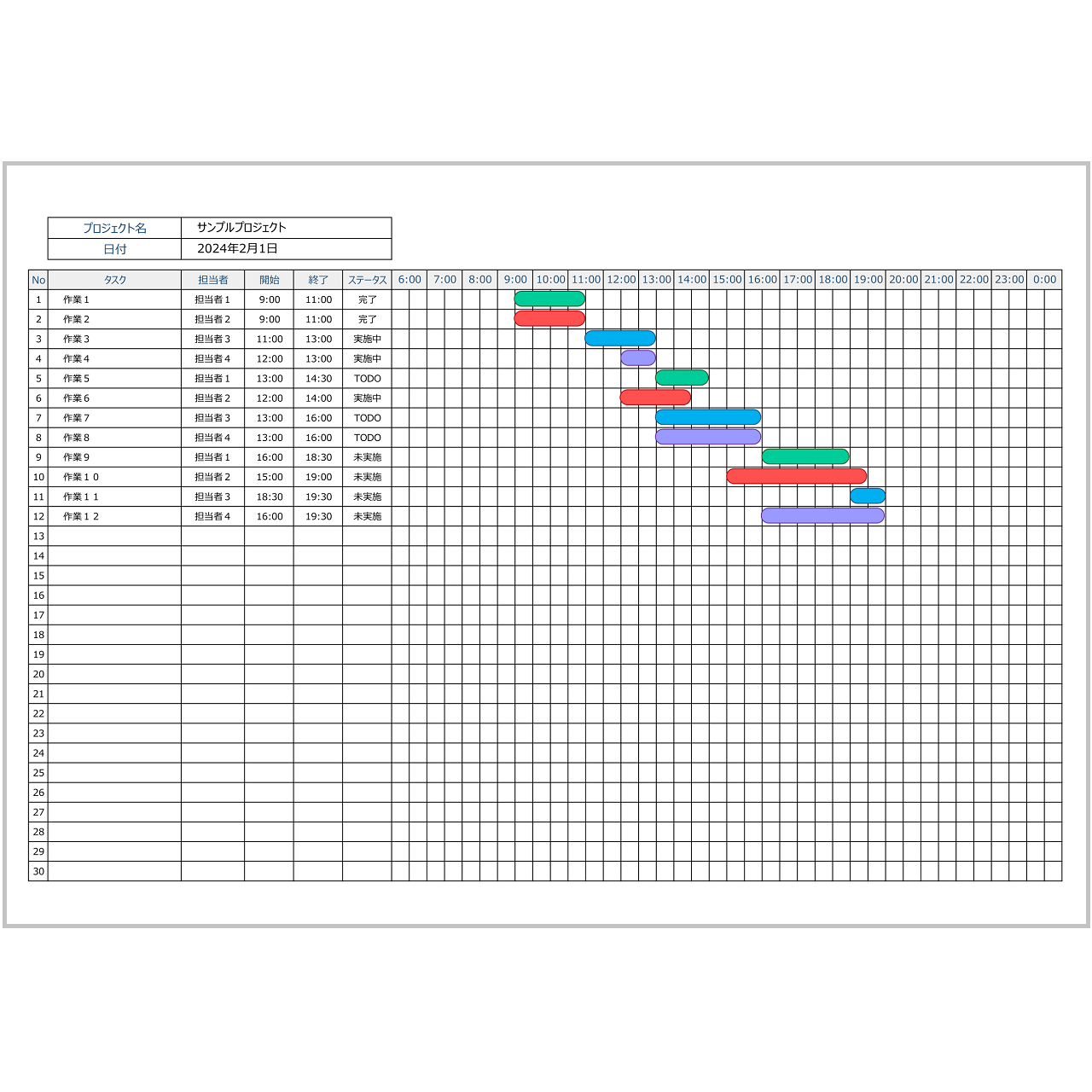 Excelガントチャート（時間単位）・入力補助・フィルター付き・サンプル付き