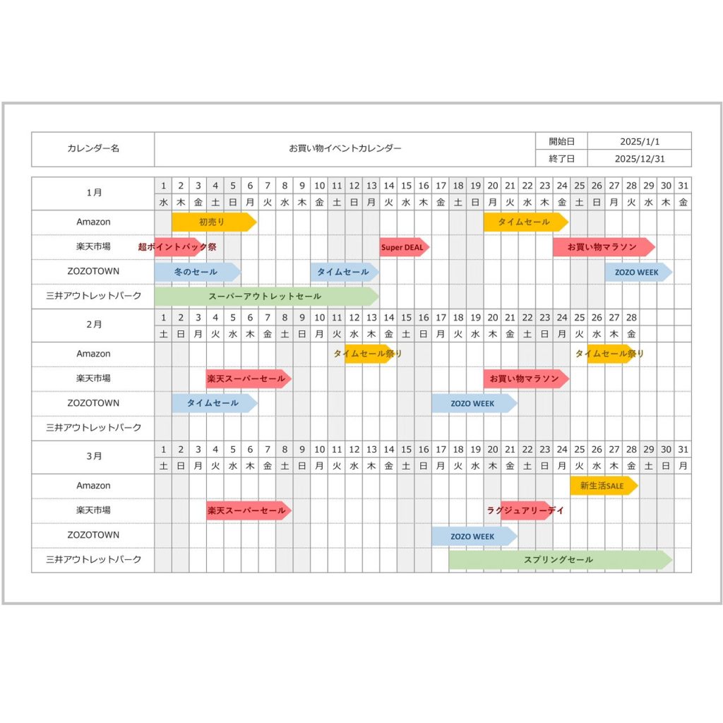 テンプレート概要(2025年版・エクセル・カレンダー・日単位・横リスト)
