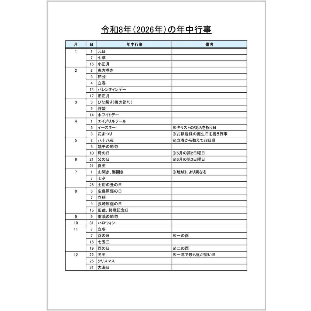【無料】令和8年(2026年)の年中行事・Excelテンプレート・1月始まり・リスト