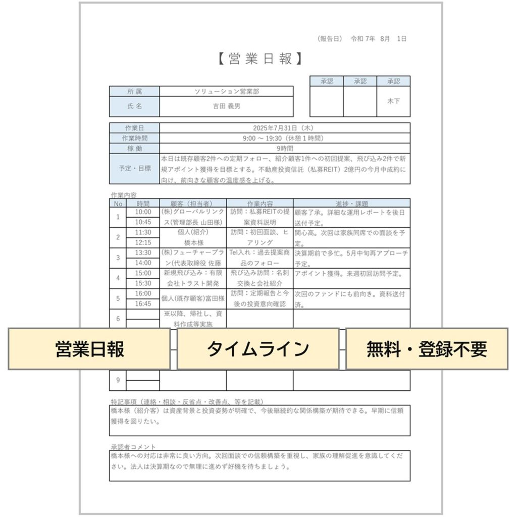 【営業日報】無料Excelテンプレート｜活動履歴・承認あり・サンプル付き
