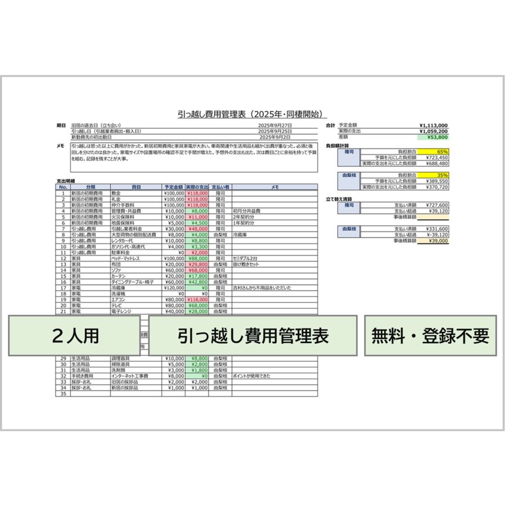 引っ越し費用管理表|2人暮らし用・入力補助・費用負担計算機能付き