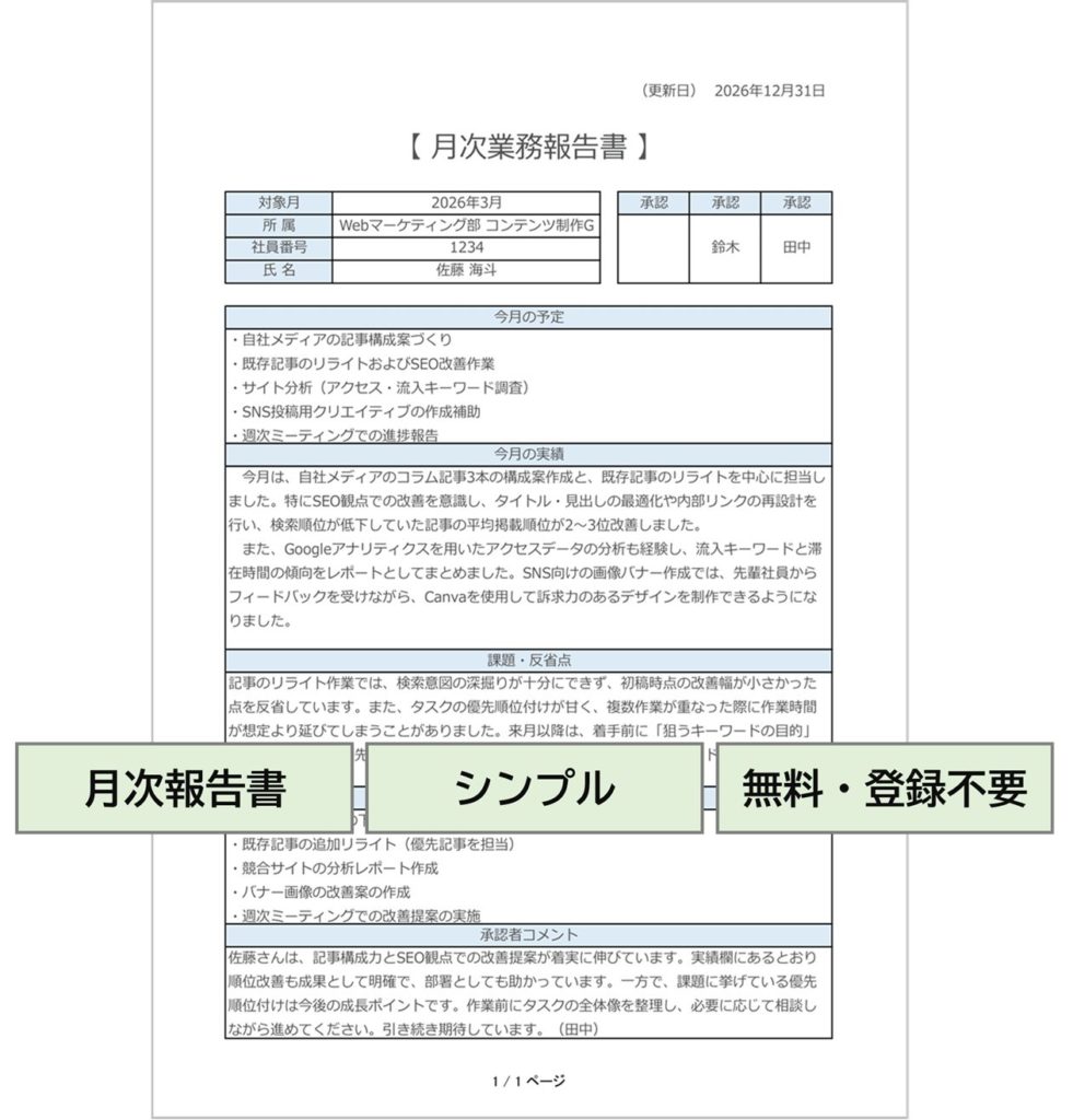 月次業務報告書|無料Excelテンプレート(A4縦1ページ)予定・実績・課題をまとめて管理できるサンプル付き