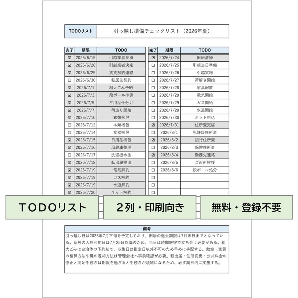 【2026年対応】シンプルTODOリストExcelテンプレート｜2列・1ページで作業管理を効率化