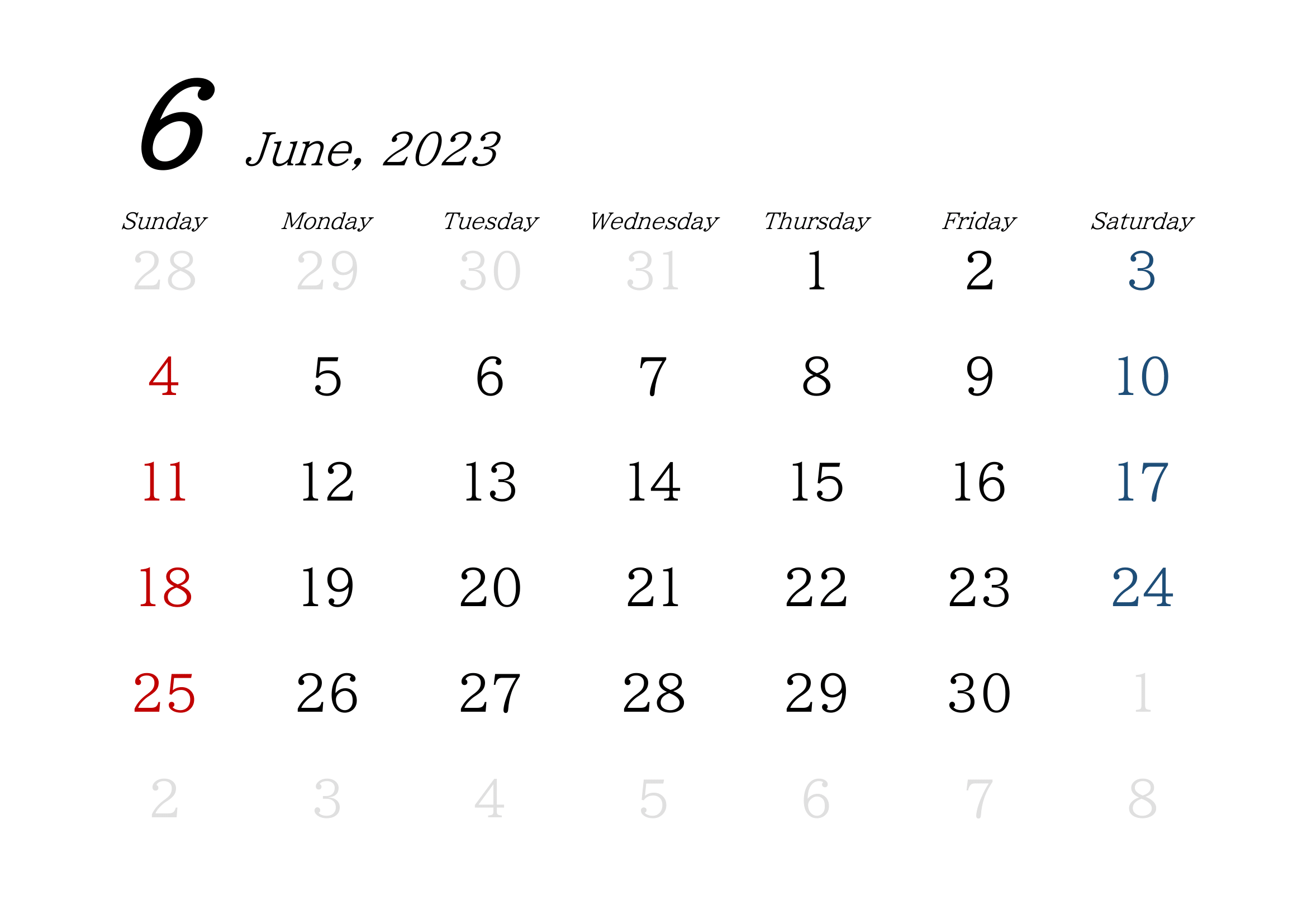 2023年(令和5年)用・月間カレンダー・A4ヨコ・シンプル・無地・１ページ