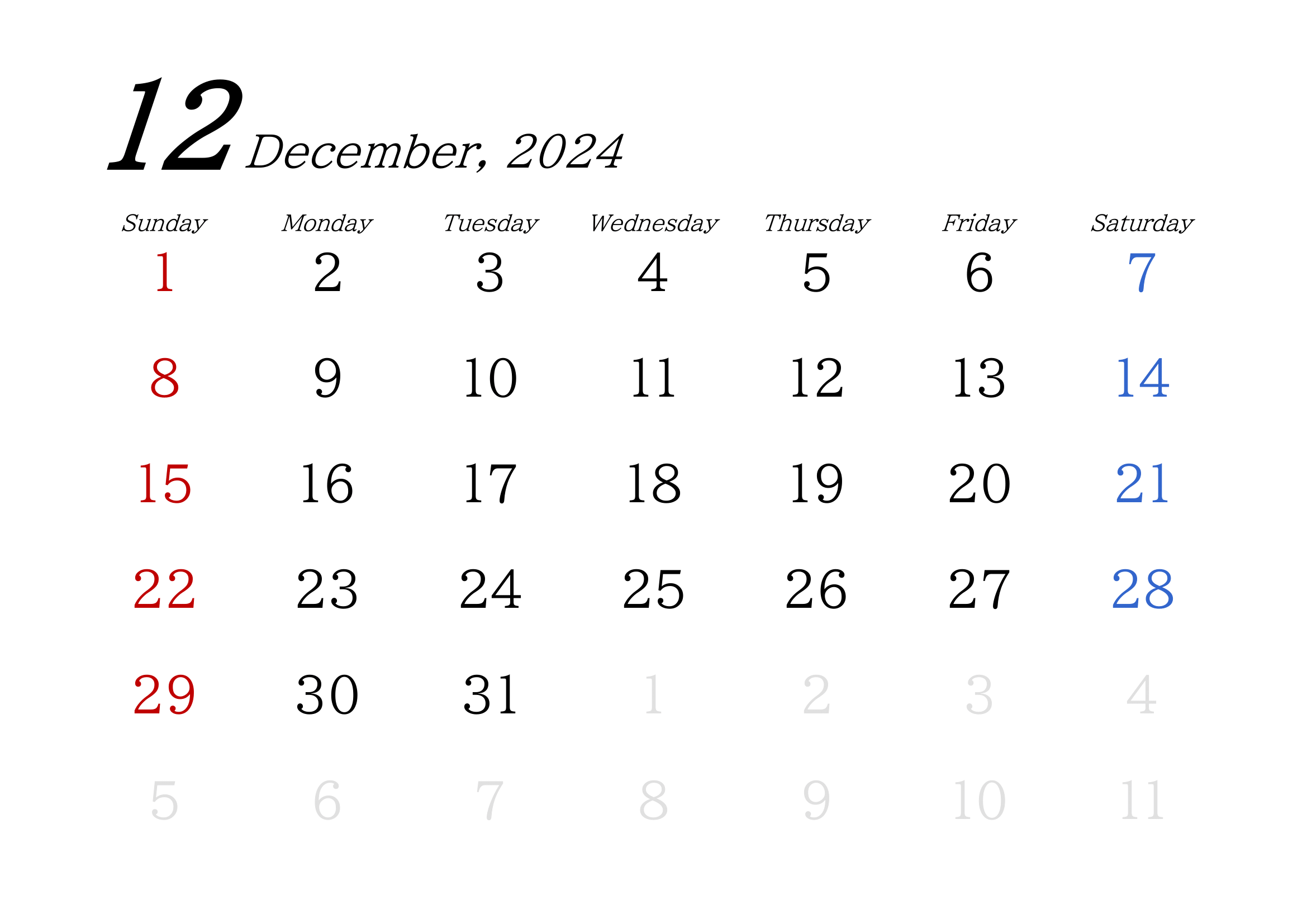 2024年(令和6年)用・月間カレンダー・A4ヨコ・シンプル・無地・１ページ