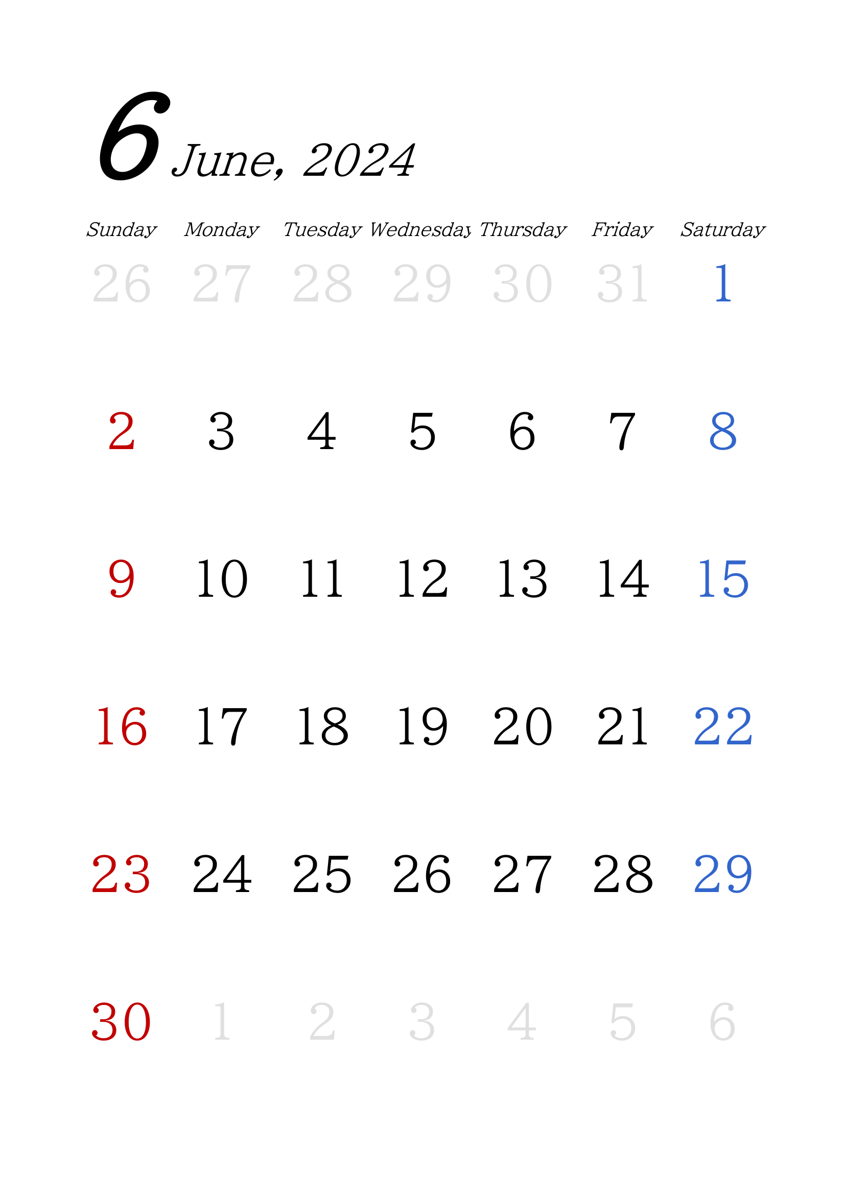 2024年(令和6年)用・月間カレンダー・A4タテ・シンプル・無地・１ページ