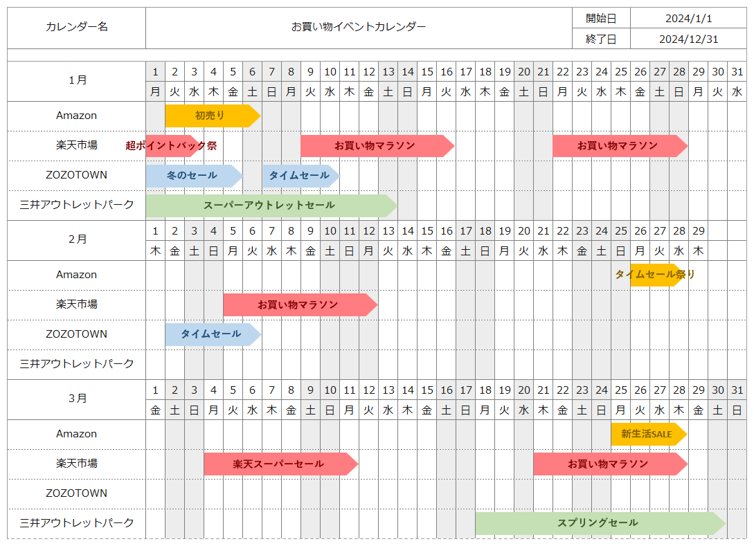 【2024年】カレンダーテンプレート（横・日次）・サンプル２（カラフル）.xlsx