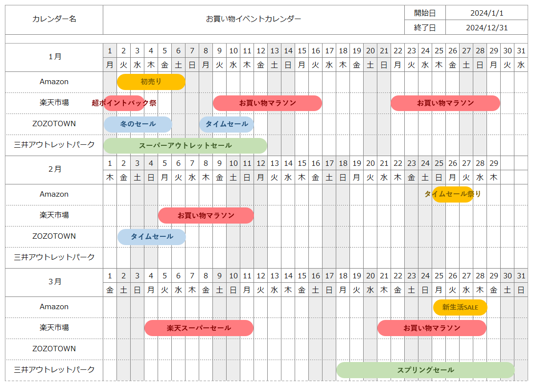 【2024年】カレンダーテンプレート（横・日次）・サンプル３（角丸バー）.xlsx