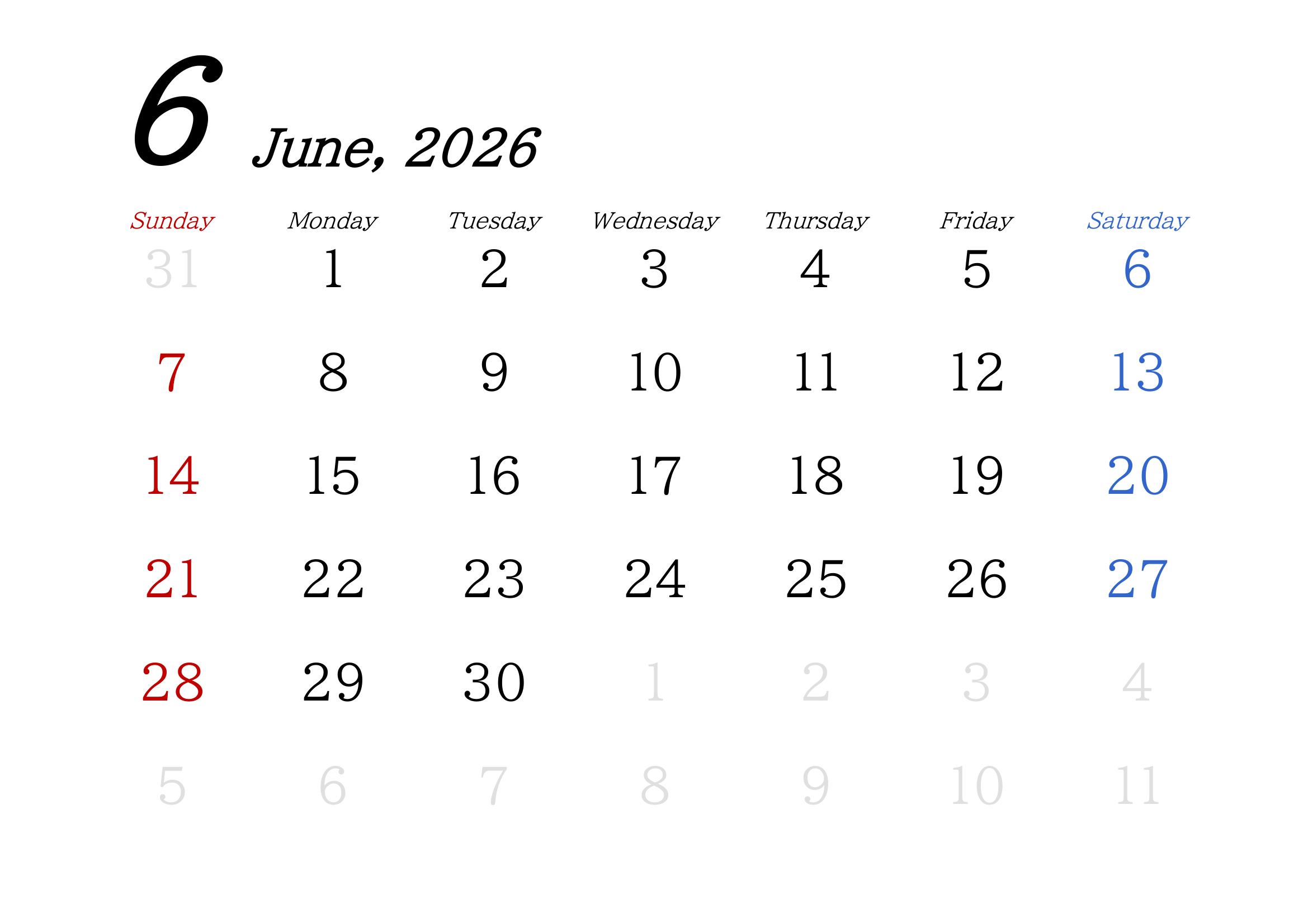 2026年（令和8年）用・月間カレンダー・A4ヨコ・シンプル・無地・６ページ