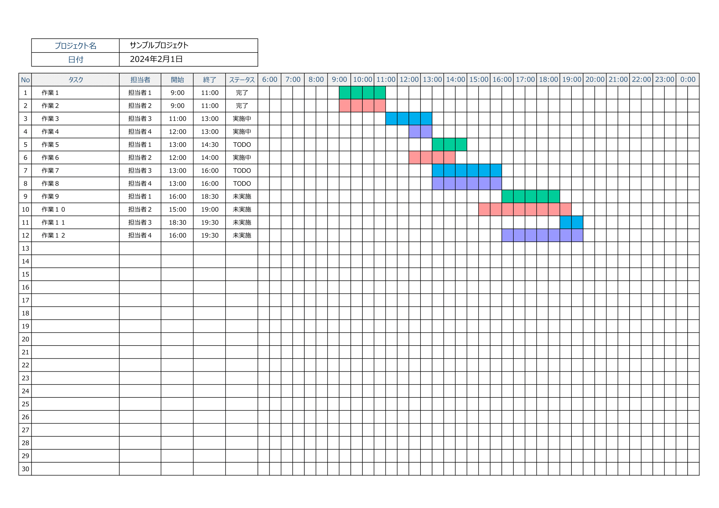 Excelガントチャート（時間単位）・入力補助・フィルター付き・サンプル付き（サンプル１・セル色）