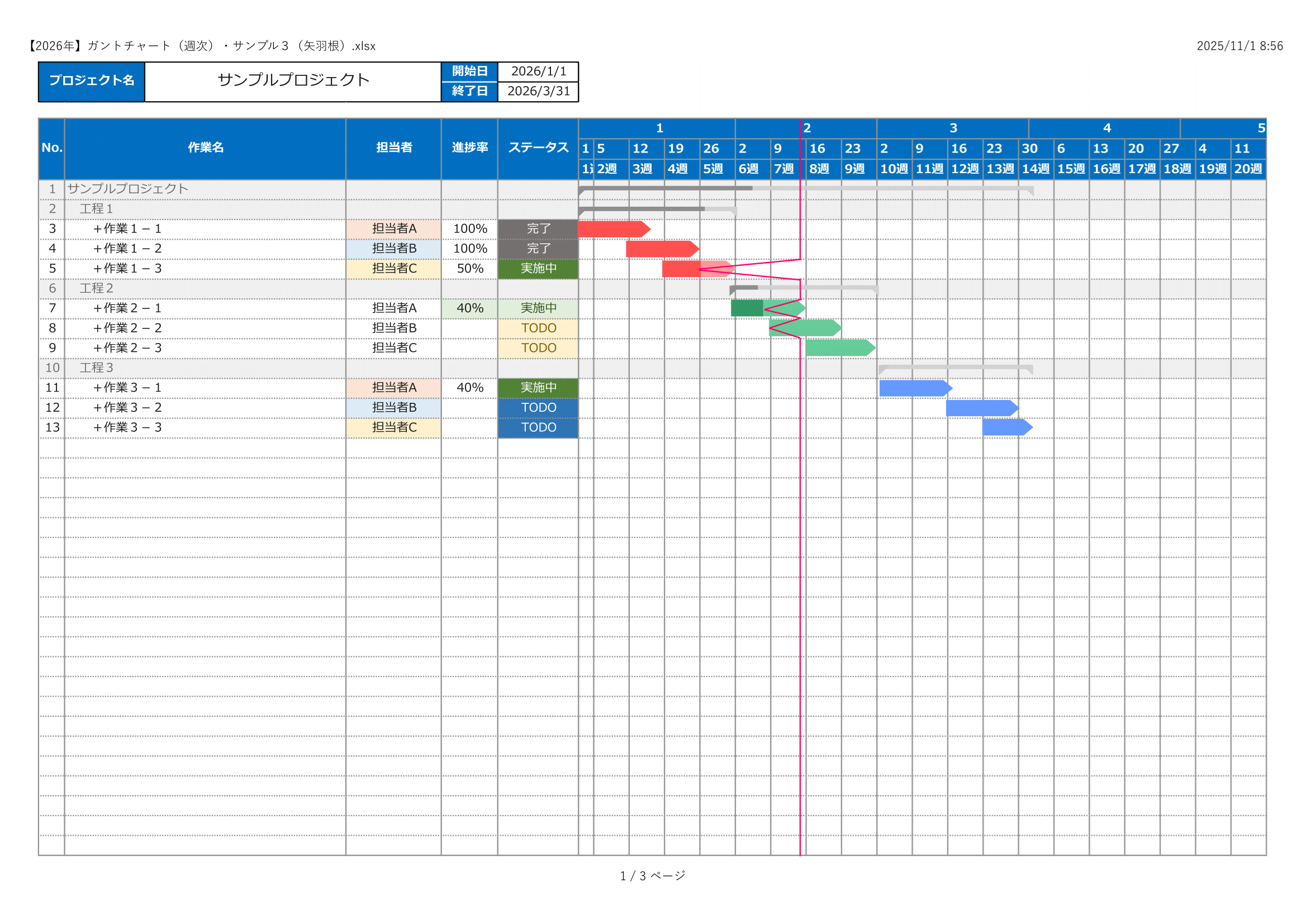 【2026年】ガントチャート（週次）・サンプル３（矢羽根）.xlsx