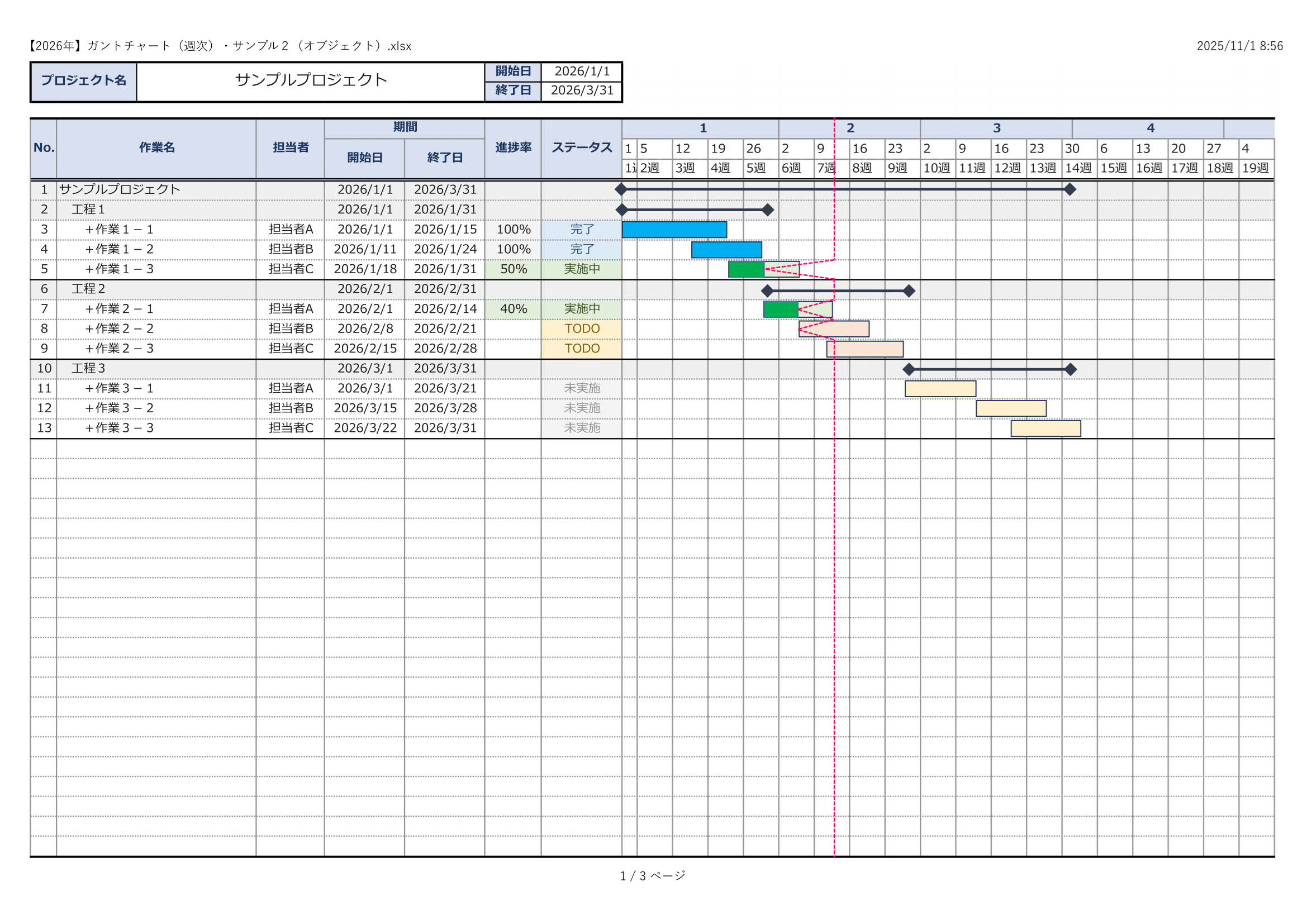 【2026年】ガントチャート（週次）・サンプル１（セル色）.xlsx