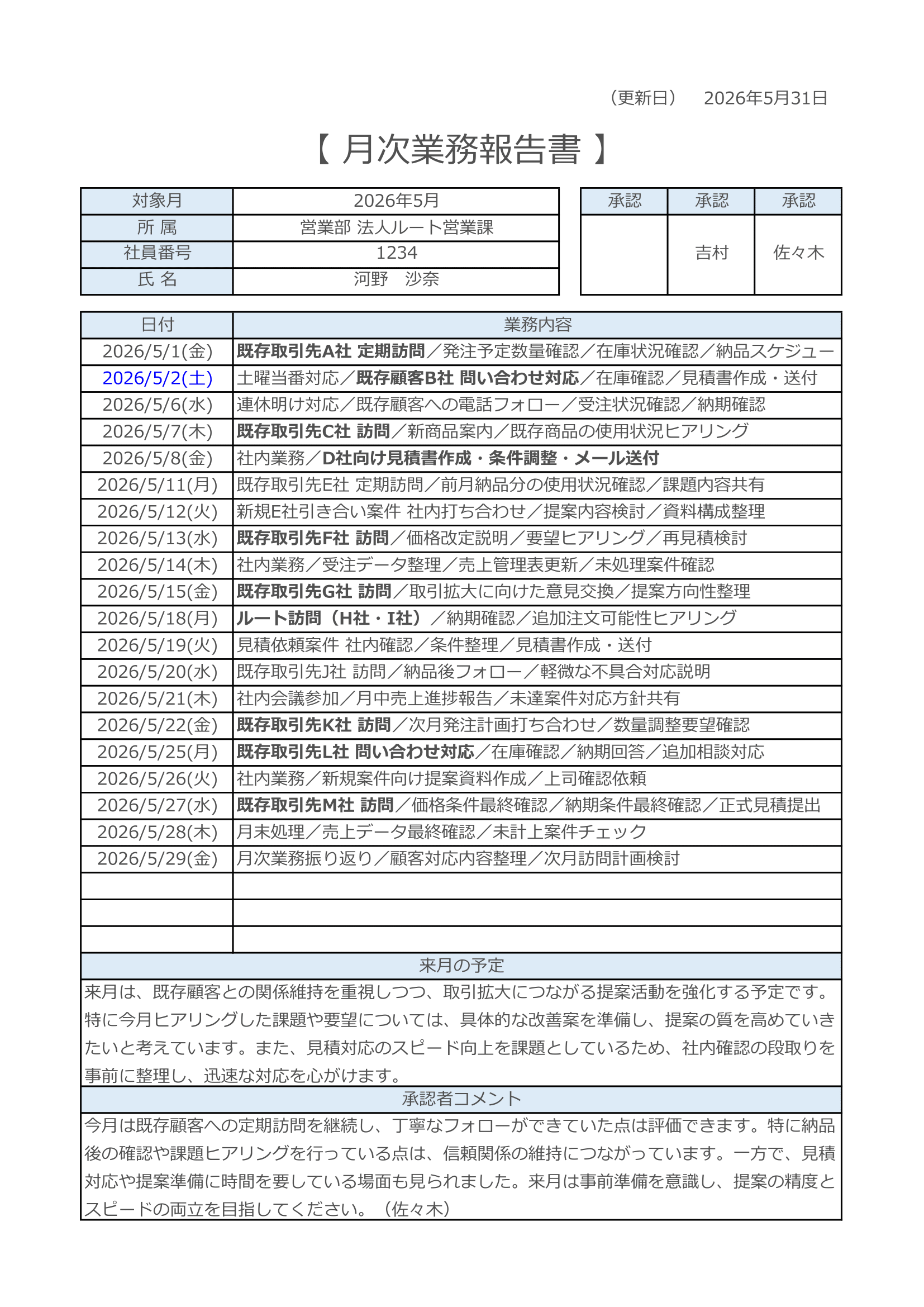 月次業務報告書（日付別リスト）｜無料Excelテンプレート（1人分・A4縦1ページ）・サンプル付き