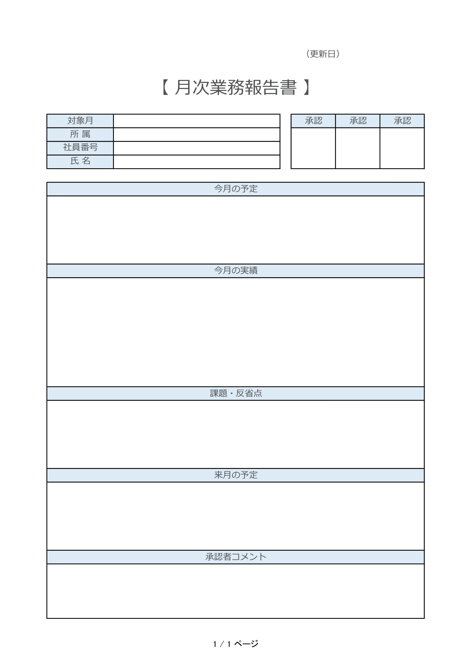 月次業務報告書｜無料Excelテンプレート（A4縦1ページ）予定・実績・課題をまとめて管理できるサンプル付き・空のテンプレート