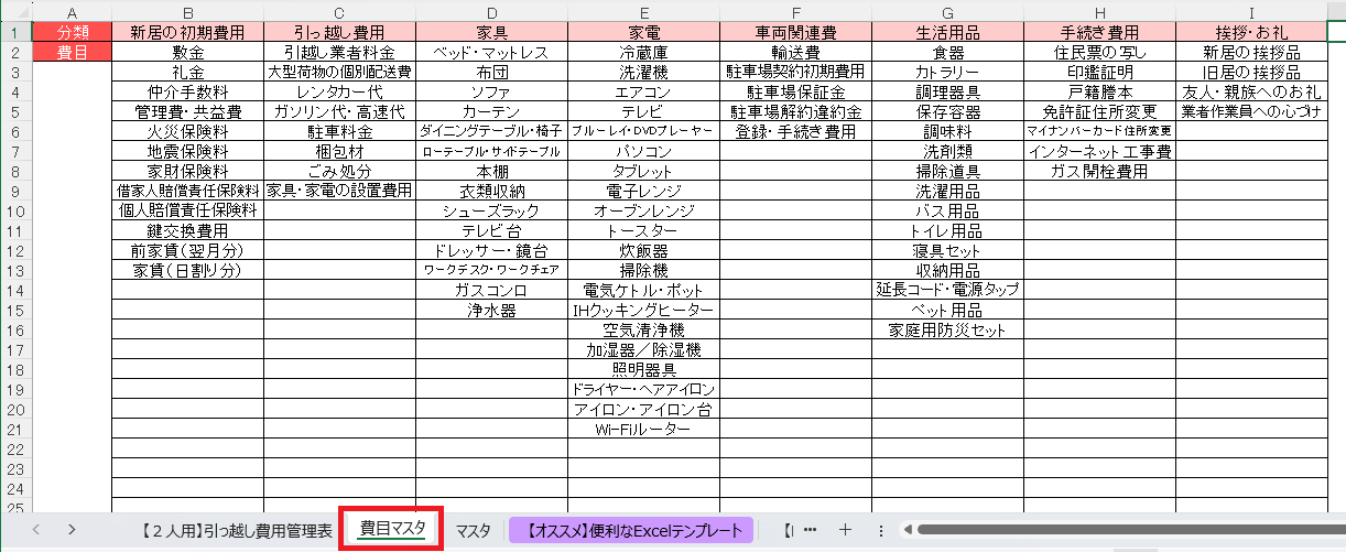 引っ越し費目を自由に編集可能