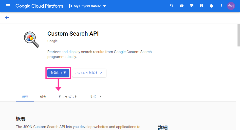 Custom Search APIページで有効にする