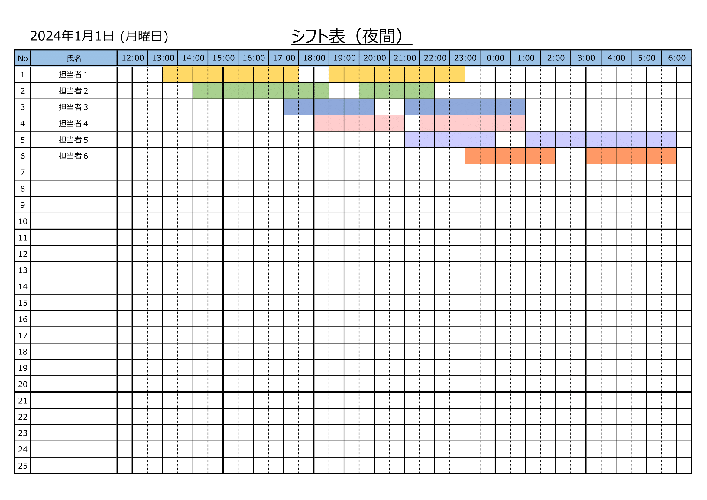 Excel日次シフト表（夜間帯）・Ａ４ヨコ・勤務時刻・横チャート・入力補助付き